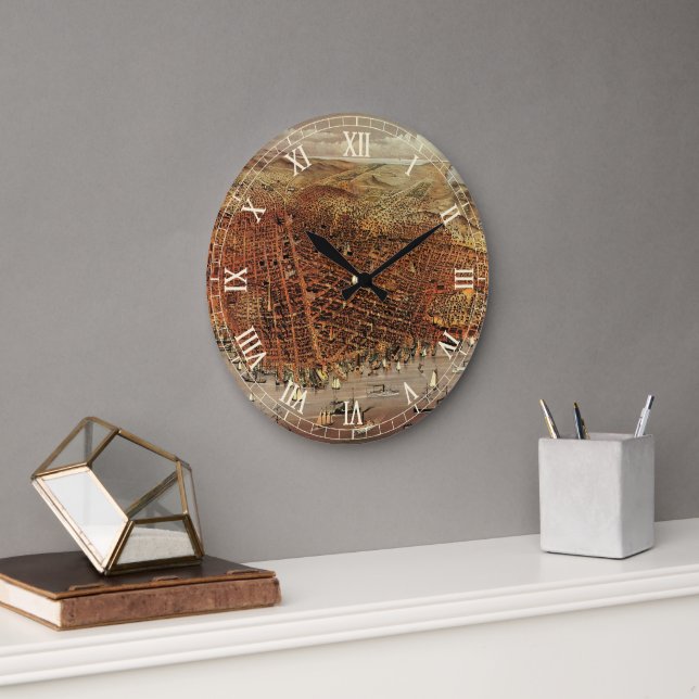 Antique Aerial Map of San Francisco, California Large Clock (Office)