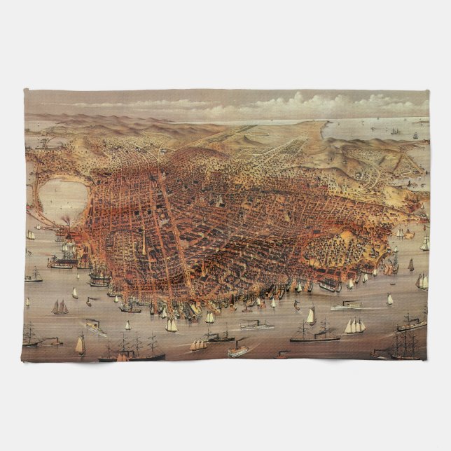 Antique Aerial Map of San Francisco, California Tea Towel (Horizontal)