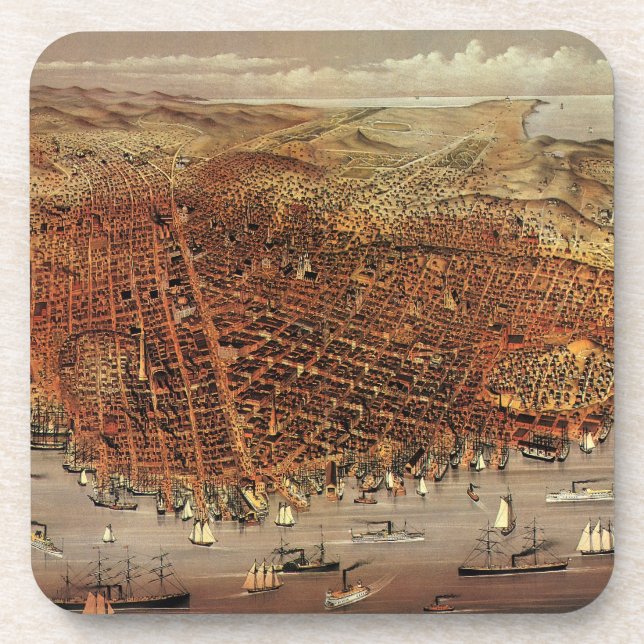 Antique Aerial Map, San Francisco City, California Coaster (Front)