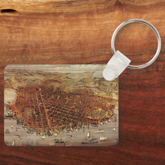Antique Aerial Map, San Francisco City, California Key Ring (Front)