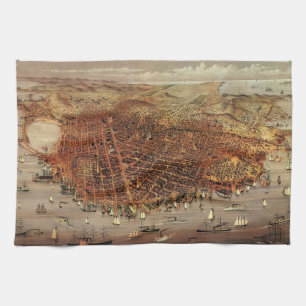 Antique Aerial Map, San Francisco City, California Tea Towel