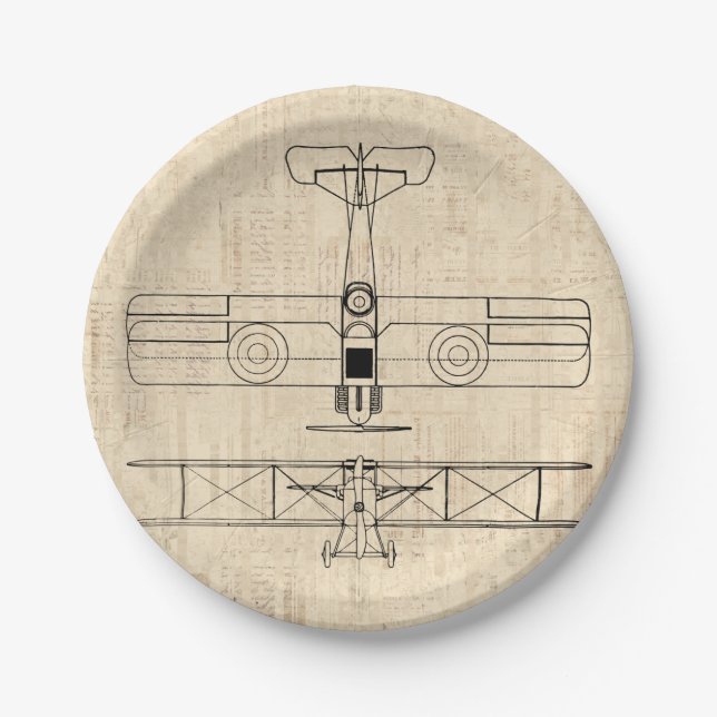 Antique Aeroplane Diagrams Vintage Plane Art Paper Plate (Front)
