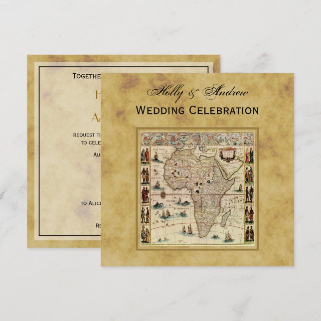 Antique Africa Map Distressed BG SQ Wedding Invitation (Front/Back)