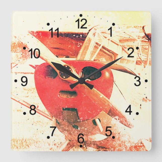 Antique Airplane Red Yellow Retro Square Wall Clock (Front)