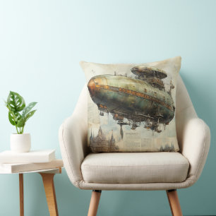 Antique Airship Blueprint Sepia Technical Cushion