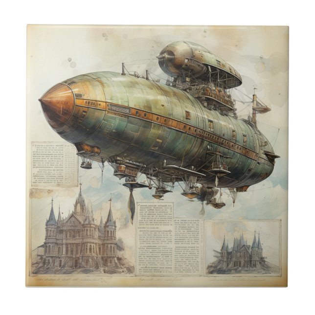 Antique Airship Blueprint Sepia Technical Tile (Front)