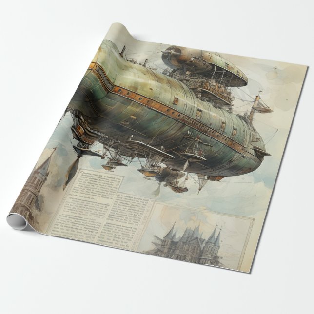 Antique Airship Blueprint Sepia Technical Wrapping Paper (Unrolled)