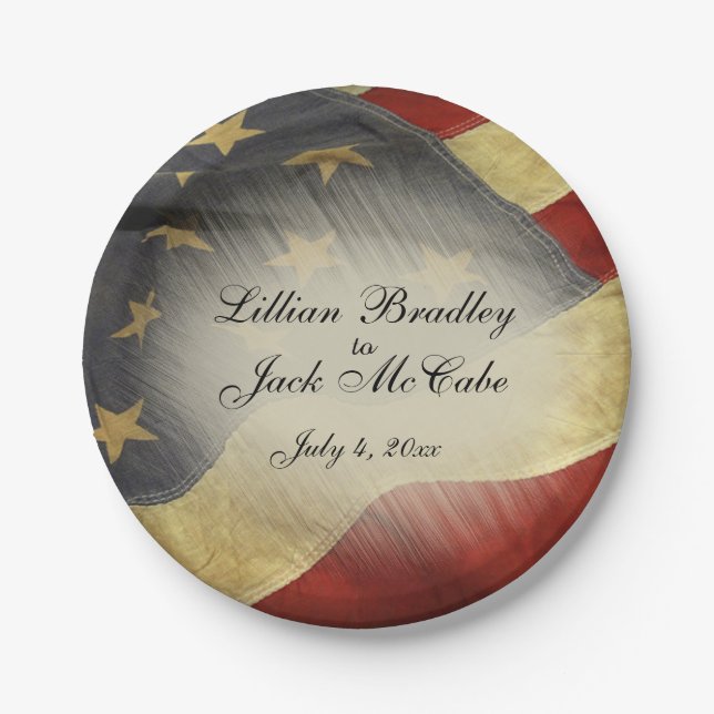 Antique American Flag Wedding Names and Date Paper Plate (Front)