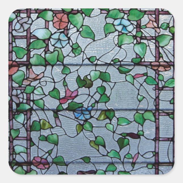ANTIQUE AMERICAN STAINED GLASS -MORNING GLORY VINE SQUARE STICKER (Front)