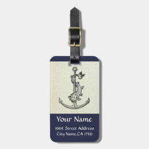 ANTIQUE ANCHOR & FISH NAUTICAL Navy Blue Monogram Luggage Tag