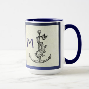 ANTIQUE ANCHOR & FISH NAUTICAL Navy Blue Monogram Mug