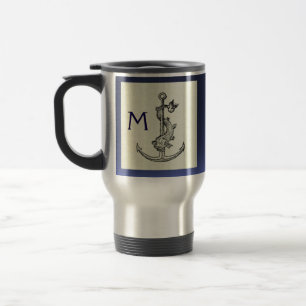 ANTIQUE ANCHOR & FISH NAUTICAL Navy Blue Monogram Travel Mug