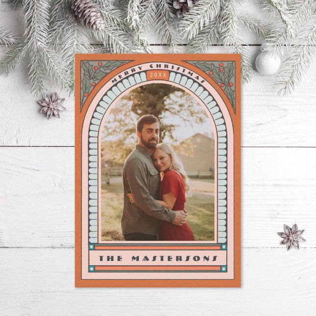 Antique Arch Holly Deco Orange Holiday Photo Card (Creator Uploaded)