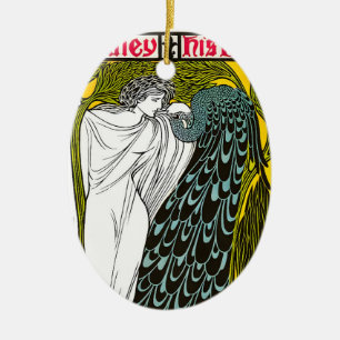 Antique Art Nouveau Woman and Peacock Poster Ceramic Tree Decoration