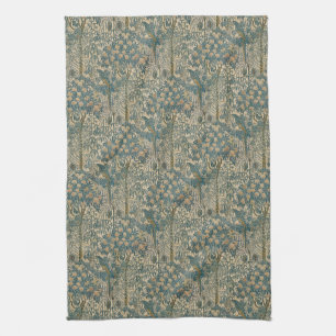 Antique Arts and Crafts Teal Parrot Wallpaper Tea Towel