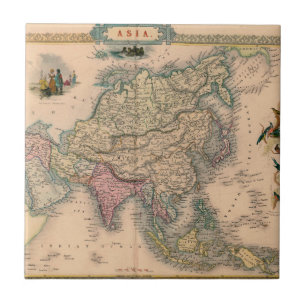 Antique Asia Map in Sepia with Pastel Regions Tile