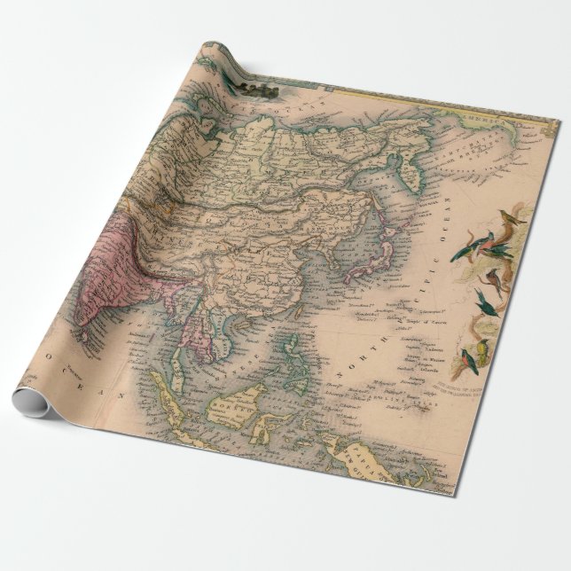 Antique Asia Map in Sepia with Pastel Regions Wrapping Paper (Unrolled)
