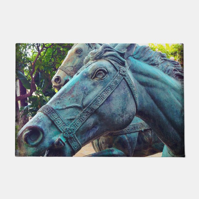 Antique Asian Turquoise Blue Horse Statue Photo Doormat (Front)