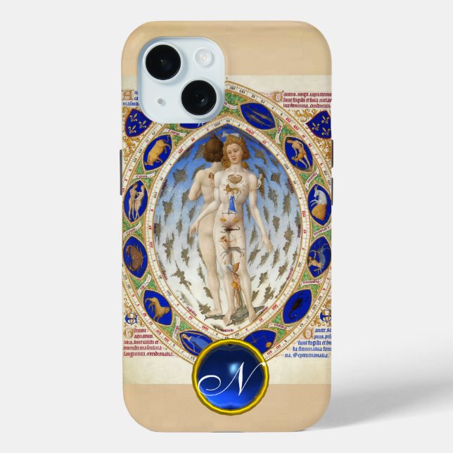 ANTIQUE ASTROLOGY,ZODIACAL SIGNS BLUE GEM MONOGRAM Case-Mate iPhone CASE (Back)