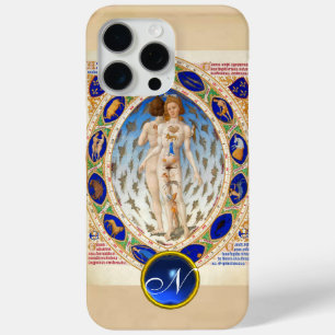 ANTIQUE ASTROLOGY,ZODIACAL SIGNS BLUE GEM MONOGRAM iPhone 15 PRO MAX CASE