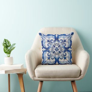 Antique Azulejo Tile Floral Pattern Cushion