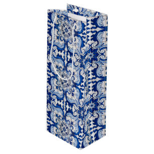 Antique Azulejo Tile Floral Pattern Wine Gift Bag