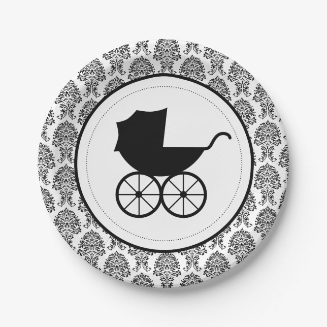Antique Baby Carriage Elegant Damask | Baby Shower Paper Plate (Front)