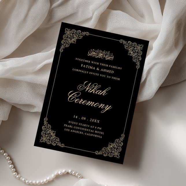 Antique Baroque Gold Script Black Nikah Ceremony Invitation (Creator Uploaded)