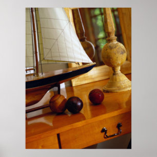 Antique Baseballs On A Table By A Model Sailboat Poster