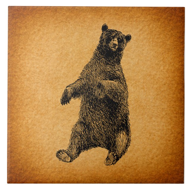 Antique Bear Illustration Rustic Vintage Art Tile (Front)