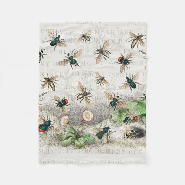 Antique Bee Honey Worker Queen Bees Vintage Fleece Blanket (Front)
