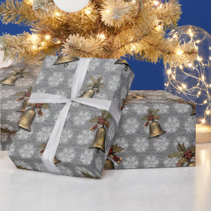 Antique Bells and Snowflakes on Steel Grey Wrapping Paper