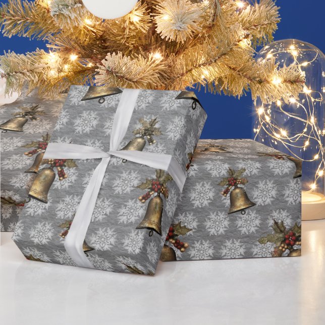 Antique Bells and Snowflakes on Steel Grey Wrapping Paper (Holidays)