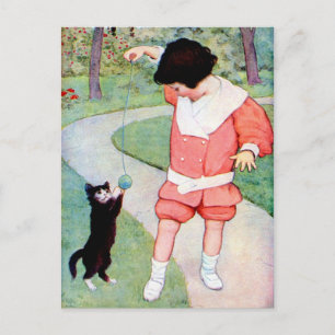 ANTIQUE "BEST FRIENDS" GIRL PLAYS WITH KITTEN POSTCARD