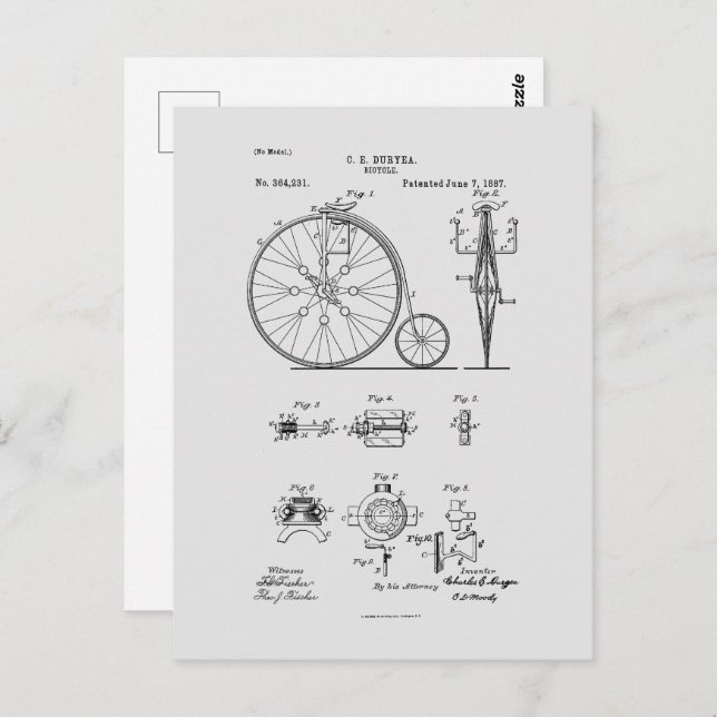 Antique Bicycle 1887 Penny Farthing Patent Drawing Postcard (Front/Back)