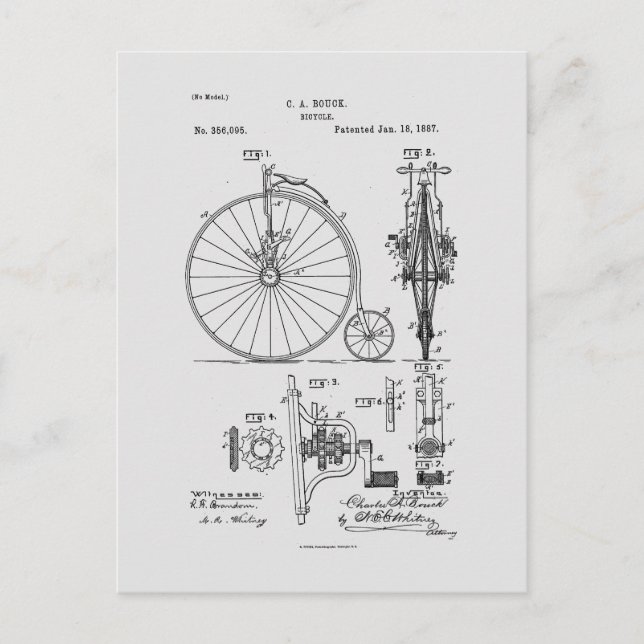Antique Bicycle 1887 Penny Farthing Patent Drawing Postcard (Front)
