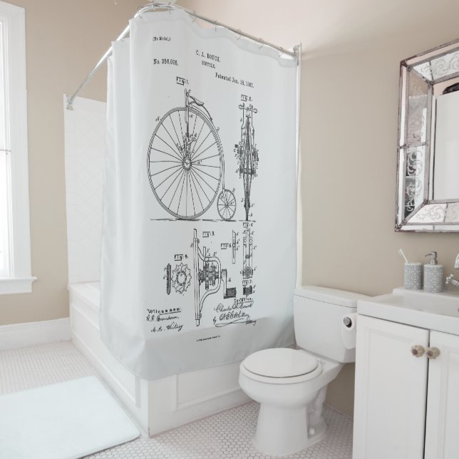 Antique Bicycle 1887 Penny Farthing Patent Drawing Shower Curtain (In Situ)