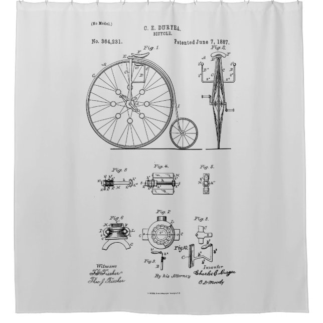 Antique Bicycle 1887 Penny Farthing Patent Drawing Shower Curtain (Front)