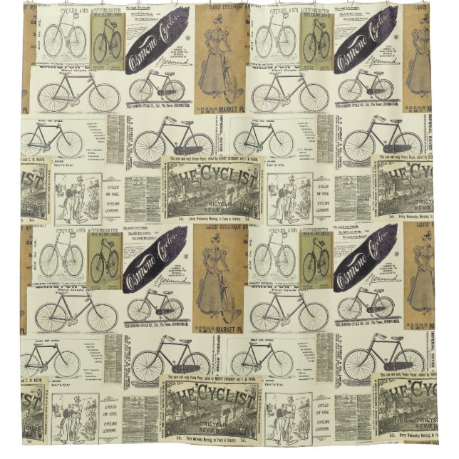 Antique Bicycles and Cyclist Advertisement Collage Shower Curtain (Front)