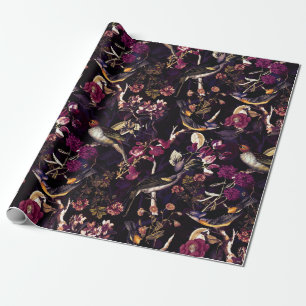 Antique Birds and Flowers Pattern on purple Wrapping Paper