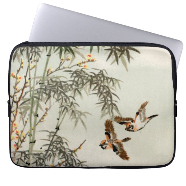 Antique Birds Asian Garden Bamboo Sparrows Laptop Sleeve (Front)