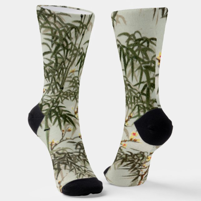 Antique Birds Asian Garden Bamboo Sparrows Socks (Angled)