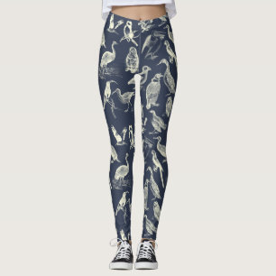 Antique Birds Cream and Navy Print Illustrated Leggings