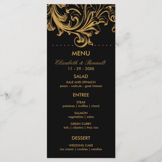 Antique Black and Gold Floral Wedding Menu Card (Front)