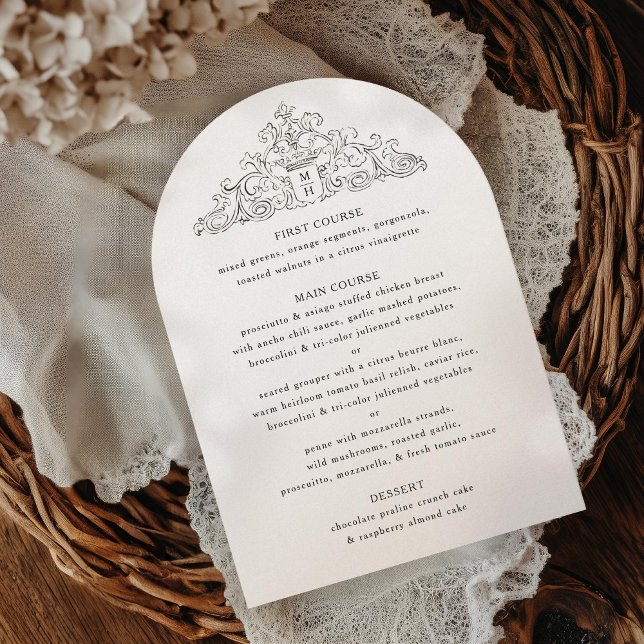 Antique Black and White Crest Wedding Dinner Menu  Invitation (Creator Uploaded)