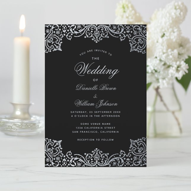 Antique Black Faux Silver Elegant Vintage Wedding  Invitation (Creator Uploaded)