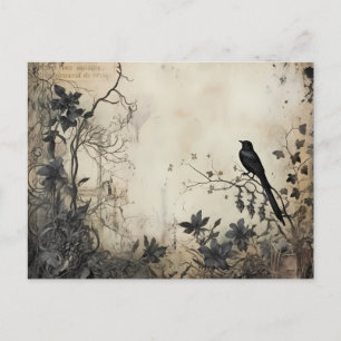 Antique Black Flowers Creepy Black Bird Halloween Holiday Postcard