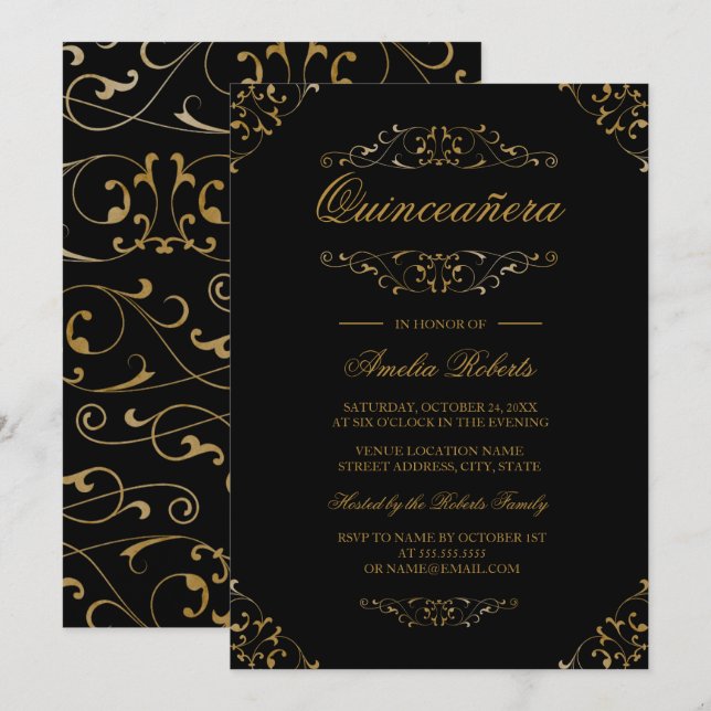 Antique Black Gold Flourish Quinceanera Invitation (Front/Back)
