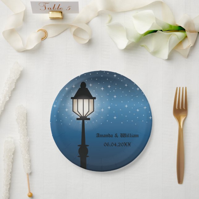 Antique Black Street Lamp At Night & Names Wedding Paper Plate (Wedding)