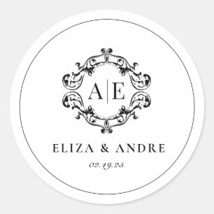 Antique Black & White Crest Monogram Wedding Classic Round Sticker